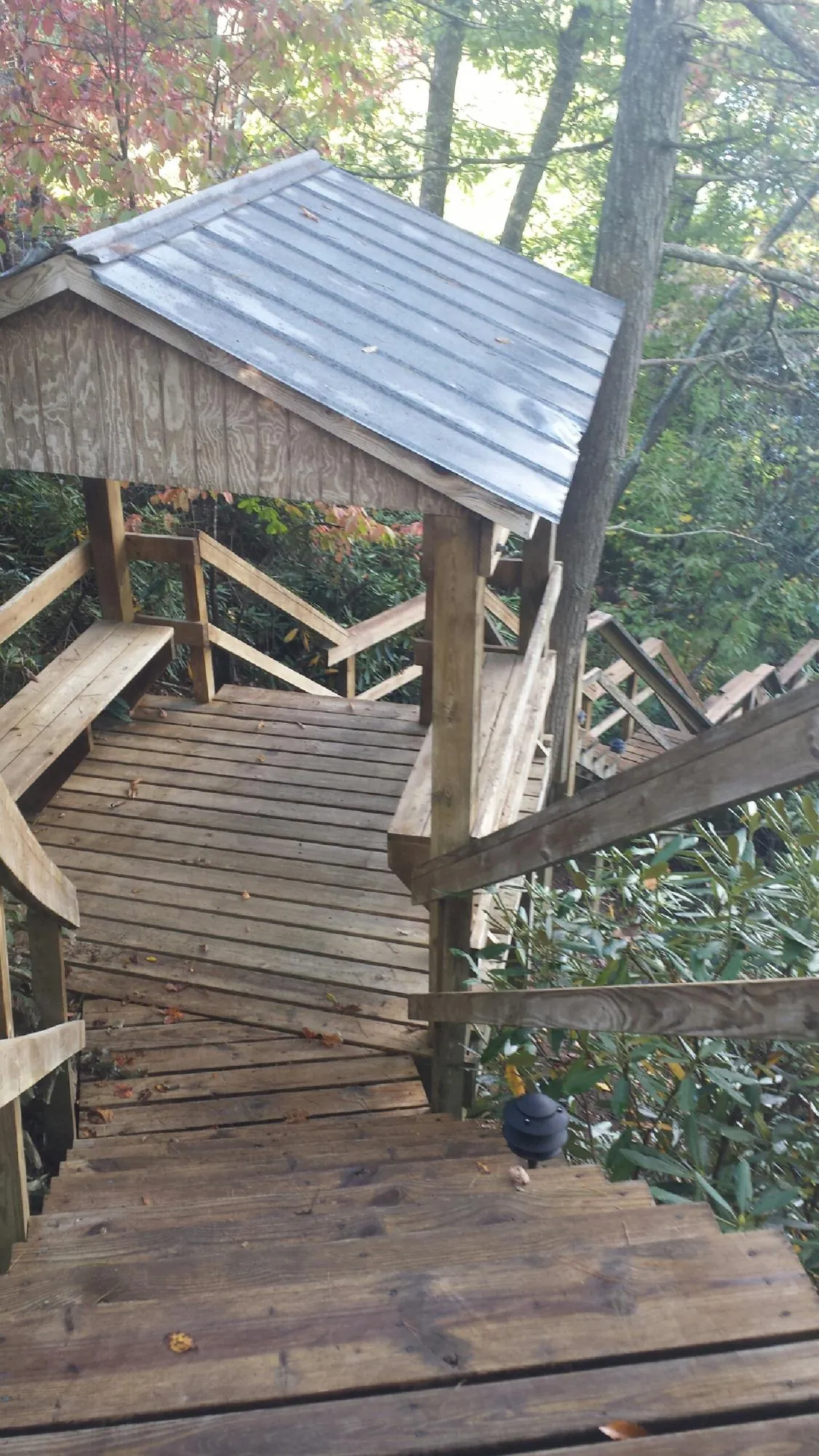Metal roofed shelter over wooden steps on a wooded walkway — Skylight Repair & Installation work by our crew in Cascade